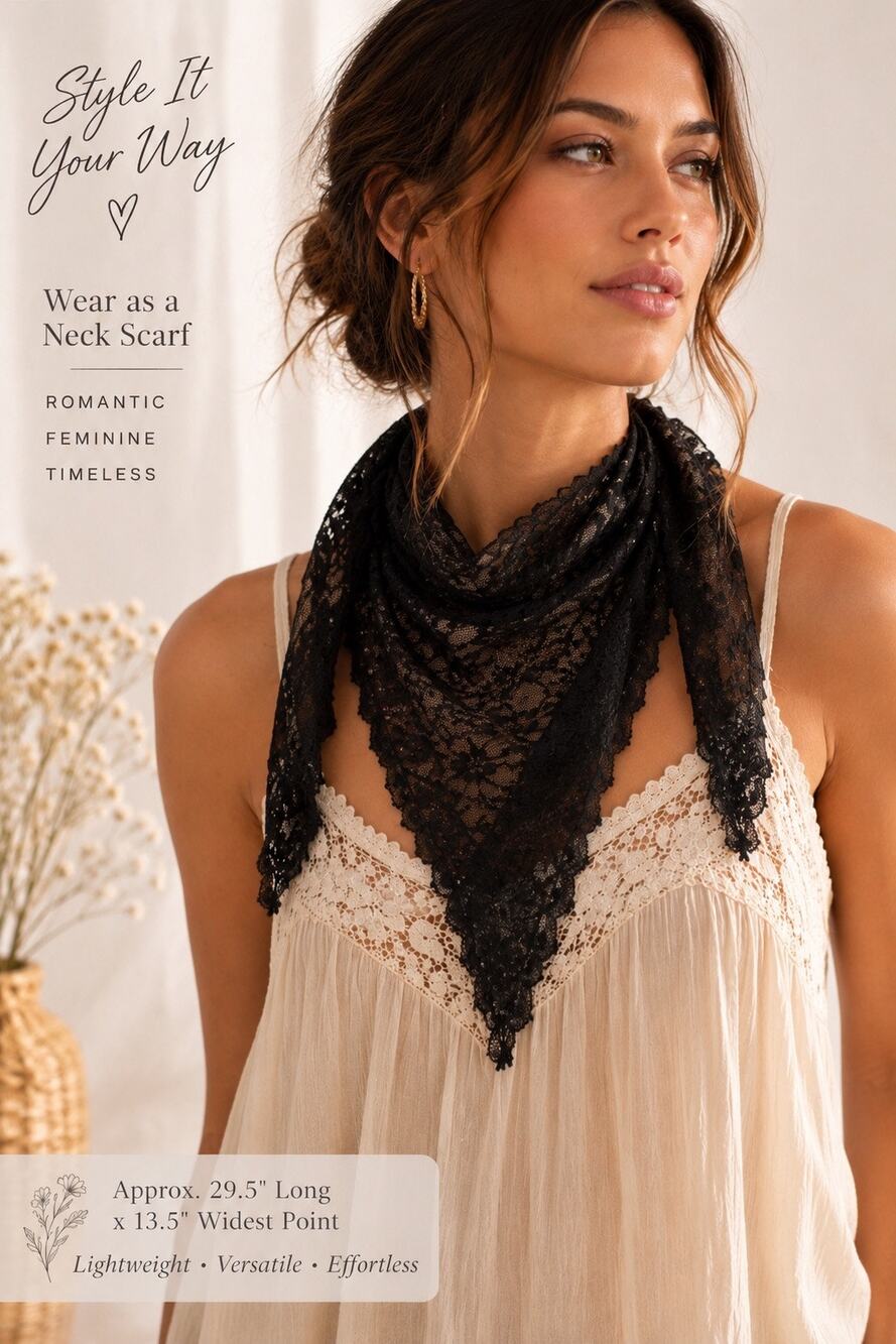 Black Floral Lace Triangle Scarf Shawl Sheer Boho Hair Neck Wrap Romantic